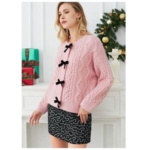 Pink cable knit cardigan sweater with bows Size L coquette  romantic cute barbie